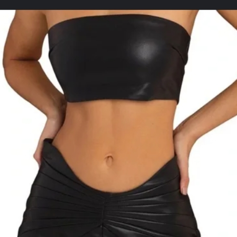 Heiress Beverly Hills Vegan Leather Black Fitted Crop Top with Glossy Finish